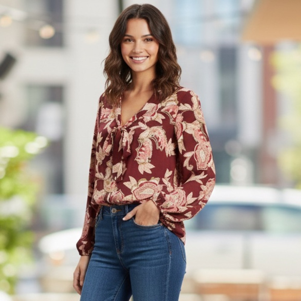 Show Me Your Mumu Brynn Paisley Boho Blouse Tie Neck Burgundy XS NWT - Picture 3 of 16